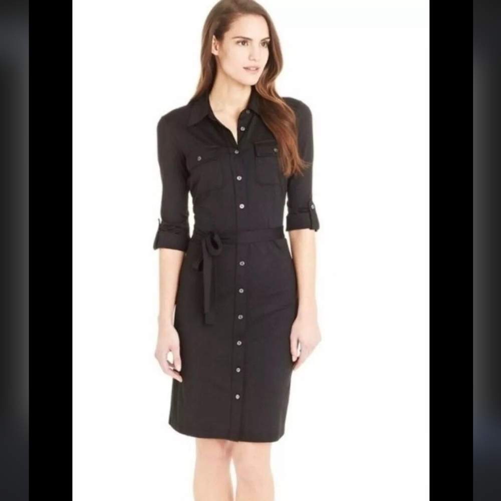 J. McLaughlin Black Jersey Shirt Dress Midi Stretch Belted M Office Capsule